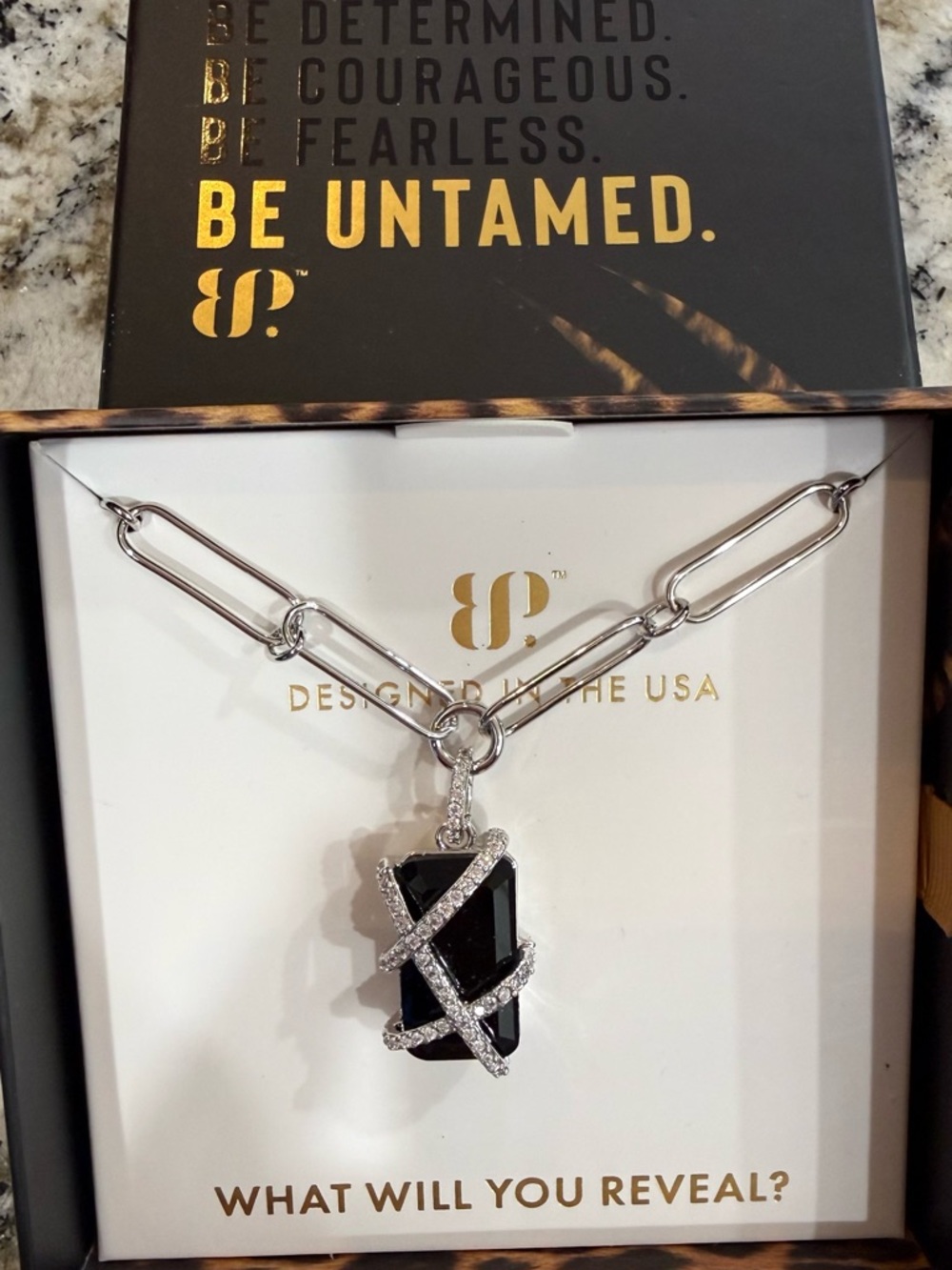 Be Untamed Silver Chain Necklace with Black Pendant